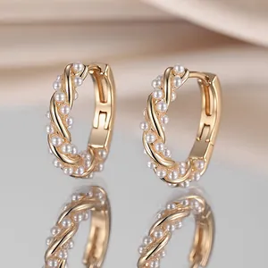 Elegant Twisted Gold Plated Copper Hoop Earrings With White Faux Artificial Pearl Mobius Geometric Vintage Jewelry For Women Daily Accessory
