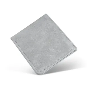 Minimalist ultra-thin grey frosted leather bifold wallet for men with fine stitching