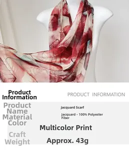 Detail of red and pink leaf pattern on lightweight polyester Georgette long scarf