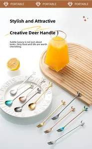 Detail of creative leaf and deer handle stainless steel coffee spoons in various colors