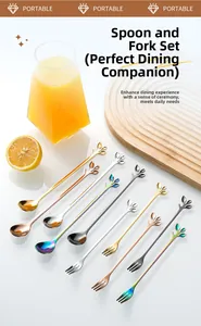 Close-up of leaf handle stainless steel spoon and fork set in multiple metallic colors