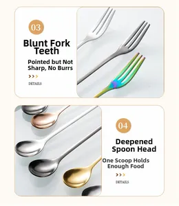 Detail of polished stainless steel leaf spoon and fork with smooth edges and deep heads