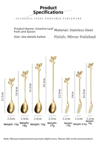 Size chart showing stainless steel leaf spoons and forks with precise measurements