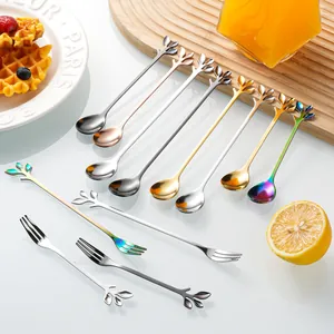 Leaf Shape Stainless Steel Spoon Fork Creative Coffee Stirring Dessert Fruit Appetizer Vintage Elegant Multi Colors