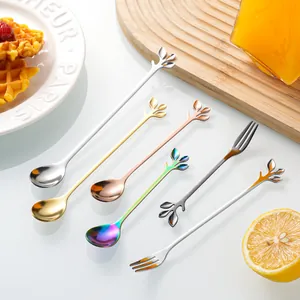 Leaf-shaped stainless steel coffee spoon and fruit fork set in multiple metallic colors