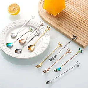Minimalist leaf handle stainless steel spoon and fork set in five polished colors