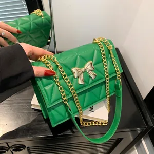 Women's Quilted Diamond Pattern Shoulder Bag Chain Strap Small Square Bag With Golden Bow Buckle Stylish PU Leather Bag