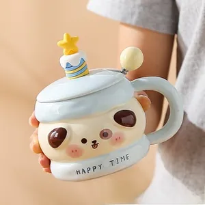 Close-up of cute cartoon panda ceramic mug with star lid and matching stirrer