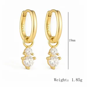 Detailed view of S925 sterling silver hoop earrings with clear cubic zirconia dangles