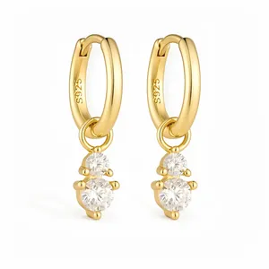 S925 sterling silver gold-plated hoop earrings with sparkling double zircon pendants