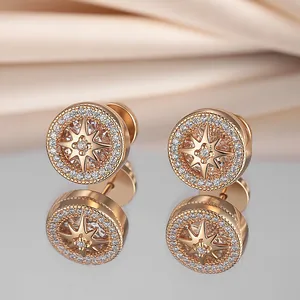 Vintage Gold Plated Round Compass Star Stud Earrings Pave Rhinestone Celestial Geometric Jewelry For Women Gift