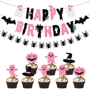 Halloween Birthday Party Decoration Pink Ghost Spider Bat Glitter Paper Banner Cake Toppers Horror Theme Decor