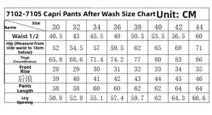 Detailed size chart for men's cargo shorts showing waist and hip measurements in cm