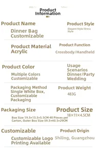 Detailed technical specs of acrylic evening clutch bag showing dimensions and 483g weight