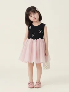 Sleeveless contrast color tutu dress for girls with pink bow and mesh tulle skirt