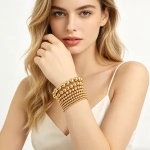 Multi-layer gold stainless steel beaded stretch bracelet set for women fashion style