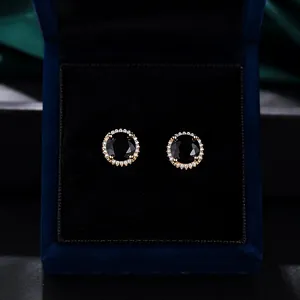 Boucles d'Oreilles Clous Rondes en Pierre Précieuse Noire de Luxe pour Femmes Cuivre Plaqué Or Strass Halo Bijoux de Mode