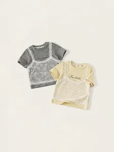 Girls short sleeve lace patchwork t-shirt in grey and cream yellow colors