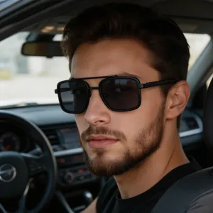 Close-up of polarized square sunglasses with double bridge on male model in car