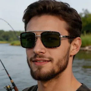 Detail of polarized sunglasses with tortoiseshell temples and silver double bridge