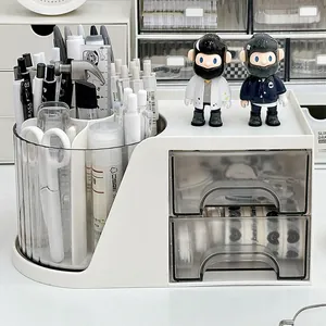 Rotating desktop organizer with pen holder and two transparent drawers for stationery