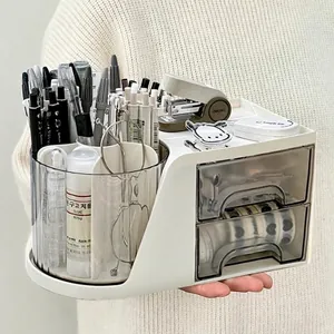 Cream 360-degree rotating pen holder with drawers for organized office stationery