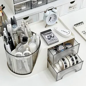 Rotating desktop organizer with multi-slot pen holder and dual gray storage drawers