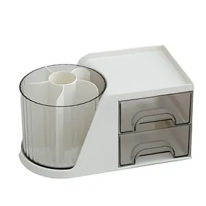 Rotating desk organizer with multi-compartment pen holder and transparent drawers