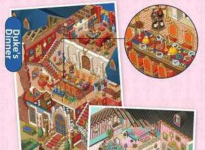 Detail of DIY miniature cottage stickers featuring Duke's Banquet and cozy bedroom scenes