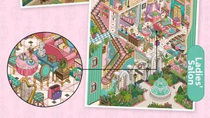 Detail view of Victorian Ladies' Salon stickers featuring vintage furniture and gardens