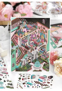 Macro view of detailed dollhouse scene stickers with furniture and indoor decor elements