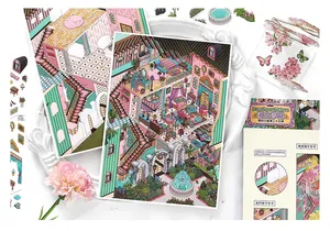 Detailed view of Lady Salon deco scene stickers with delicate indoor room illustrations