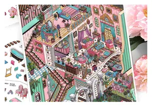 Macro detail of DIY 3D miniature house stickers with cozy pink and blue room scenes