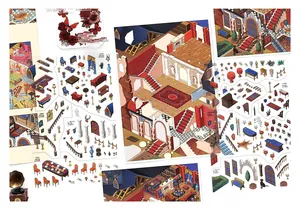 Macro detail of isometric cottage indoor stickers featuring vintage European furniture