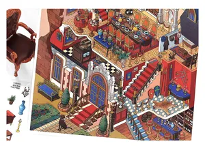 Macro detail of 2.5D miniature castle scenery stickers with detailed reception area