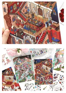 Detail of vintage 2.5D architectural stickers with European classical interior scene patterns