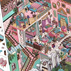 Retro hand-drawn 2.5D dollhouse scene stickers for journaling featuring vintage rooms