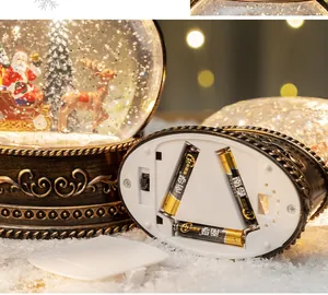 Detail of vintage Christmas snow globe base showing battery compartment and power switch