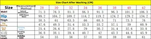 Detailed size chart for men's denim shorts showing waist, hip, and length measurements