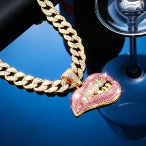 Hip Hop Biting Lip Pendant Necklace Alloy Rhinestone Cuban Link Chain Jewelry Iced Out Style