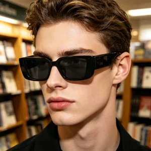 Close-up of black rectangular rimless sunglasses with premium glossy finish and dark lenses