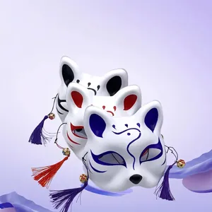 Japanese Kitsune Fox Mask Painted Half Face With Tassels And Bells Cosplay Halloween Party Anime Costume Accessory