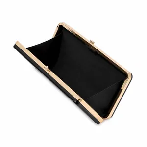 Fashionable black evening clutch bag with gold metal frame and clasp closure for women