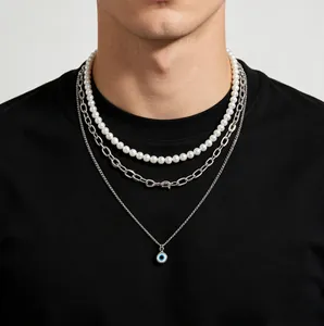 Men Layered Necklace With White Imitation Artificial Pearl Silver Tone Barbed Wire And Blue Evil Eye Pendant Punk Streetwear