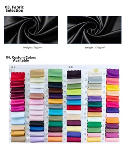 Detail showing 75G and 170G satin fabric texture and multi-color customization swatches