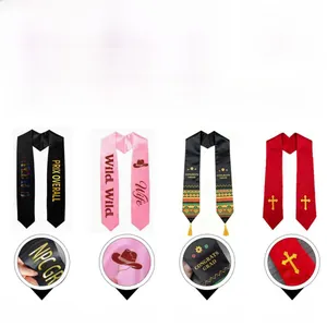 Detailed view of satin graduation sashes in various colors with custom embroidery