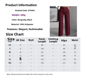 Size chart for women's high-waisted striped wide-leg trousers showing US sizes and measurements