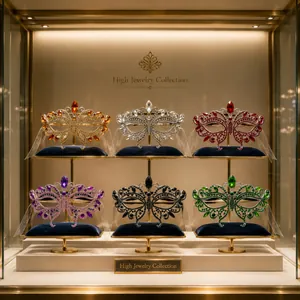 Close-up of luxury rhinestone butterfly masks in six vibrant colors with mesh ribbons