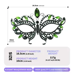 Detailed size specifications for the silver butterfly masquerade mask with rhinestones
