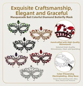 Detail view of alloy butterfly masks in six colors with high-quality rhinestones for parties